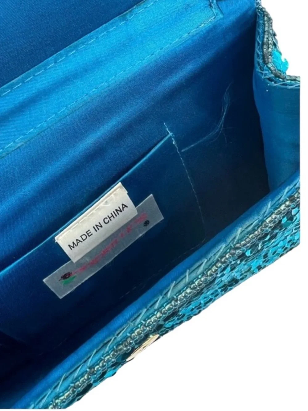 Vintage Teal Blue Sequin Beaded Envelope Clutch Crossbody Bag Floral Beadwork